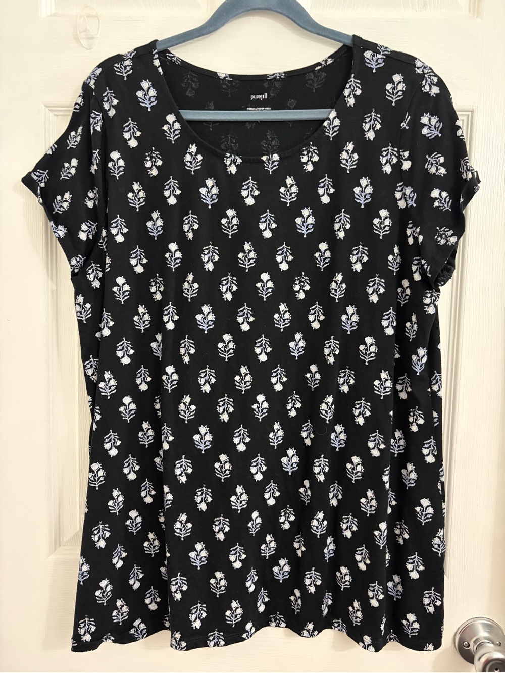 J. Jill Black Short-Sleeve Tee with White Floral Print. Size large $10